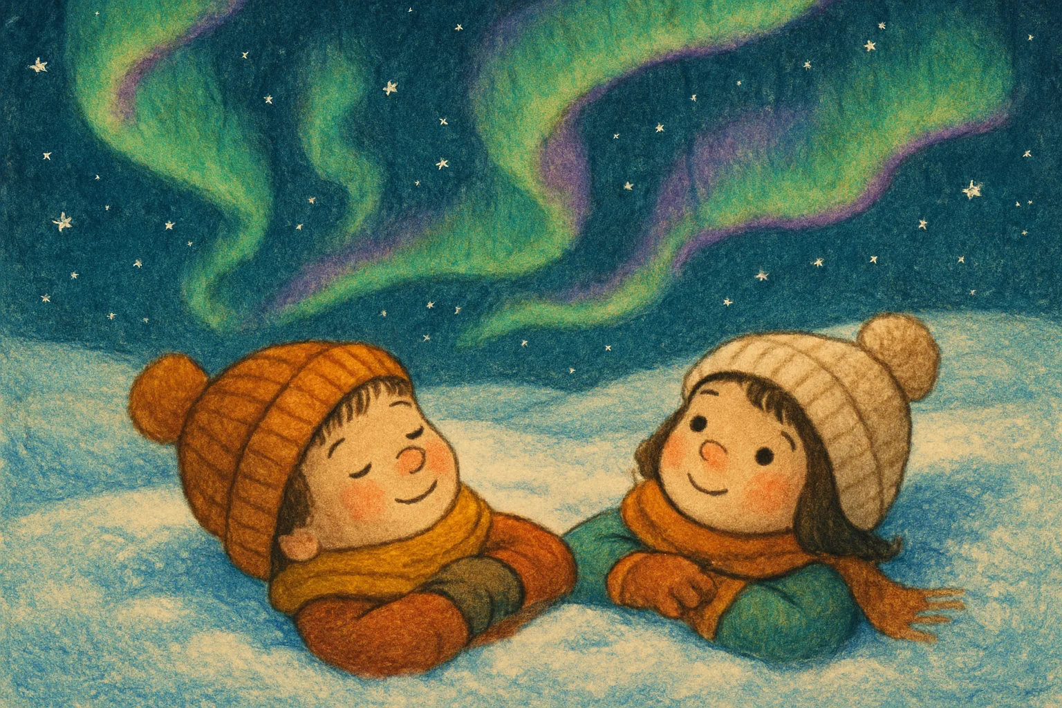 Two children watching colorful green and purple aurora borealis lights ripple across a dark night sky