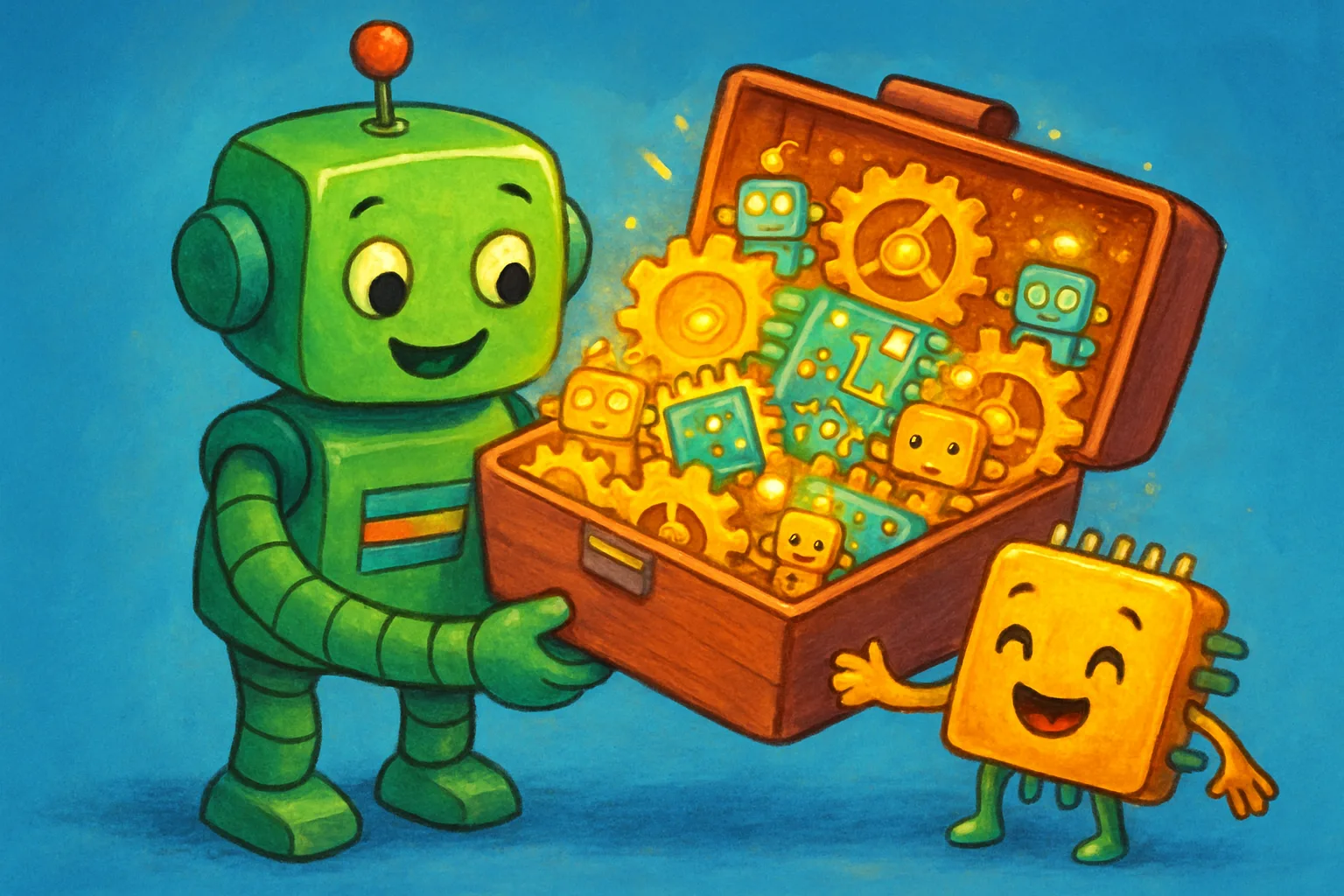 Illustrated friendly robot holding a giant AI toolbox, representing Nvidia buying Hugging Face
