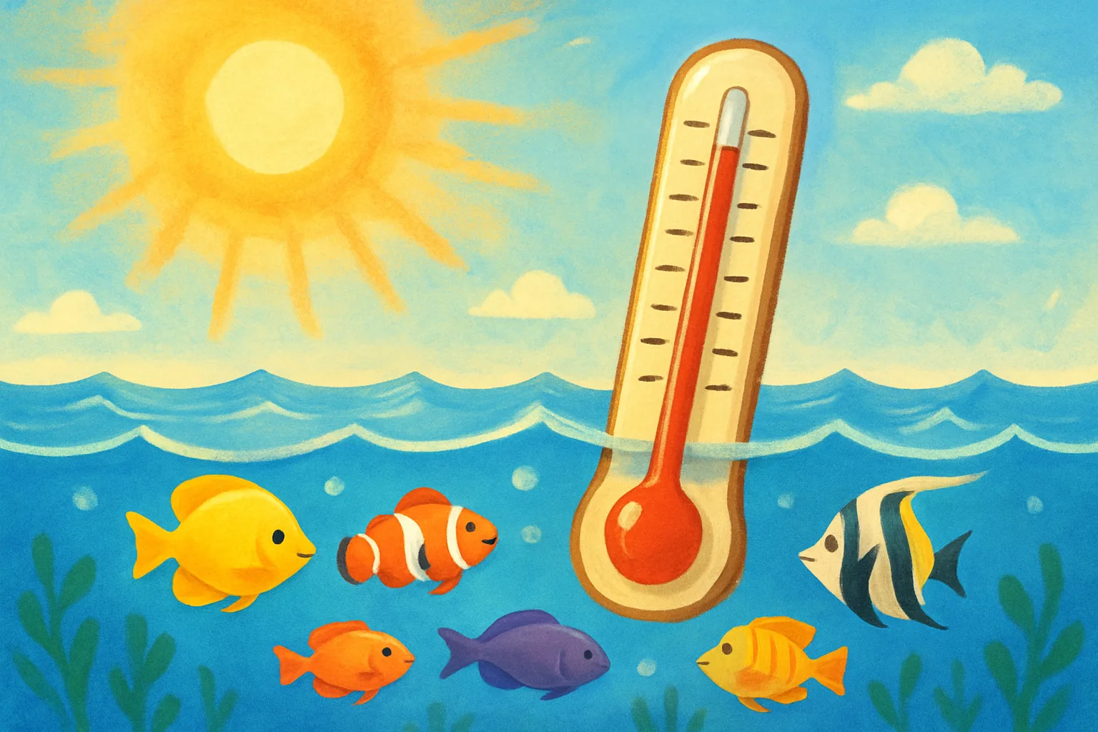 A friendly illustrated thermometer rising from a warm ocean with fish swimming below