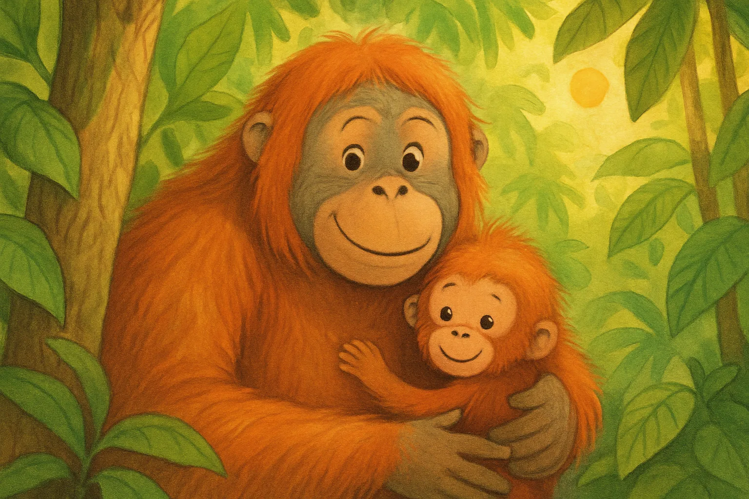 Illustration of an orangutan mother and baby peeking from tropical jungle trees in a protected forest