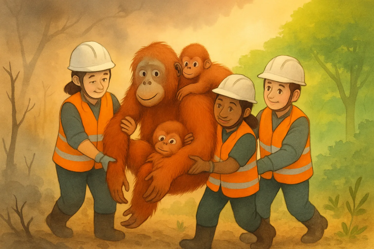 Rescue workers carefully carrying an orangutan and her baby to safety from a smoky forest