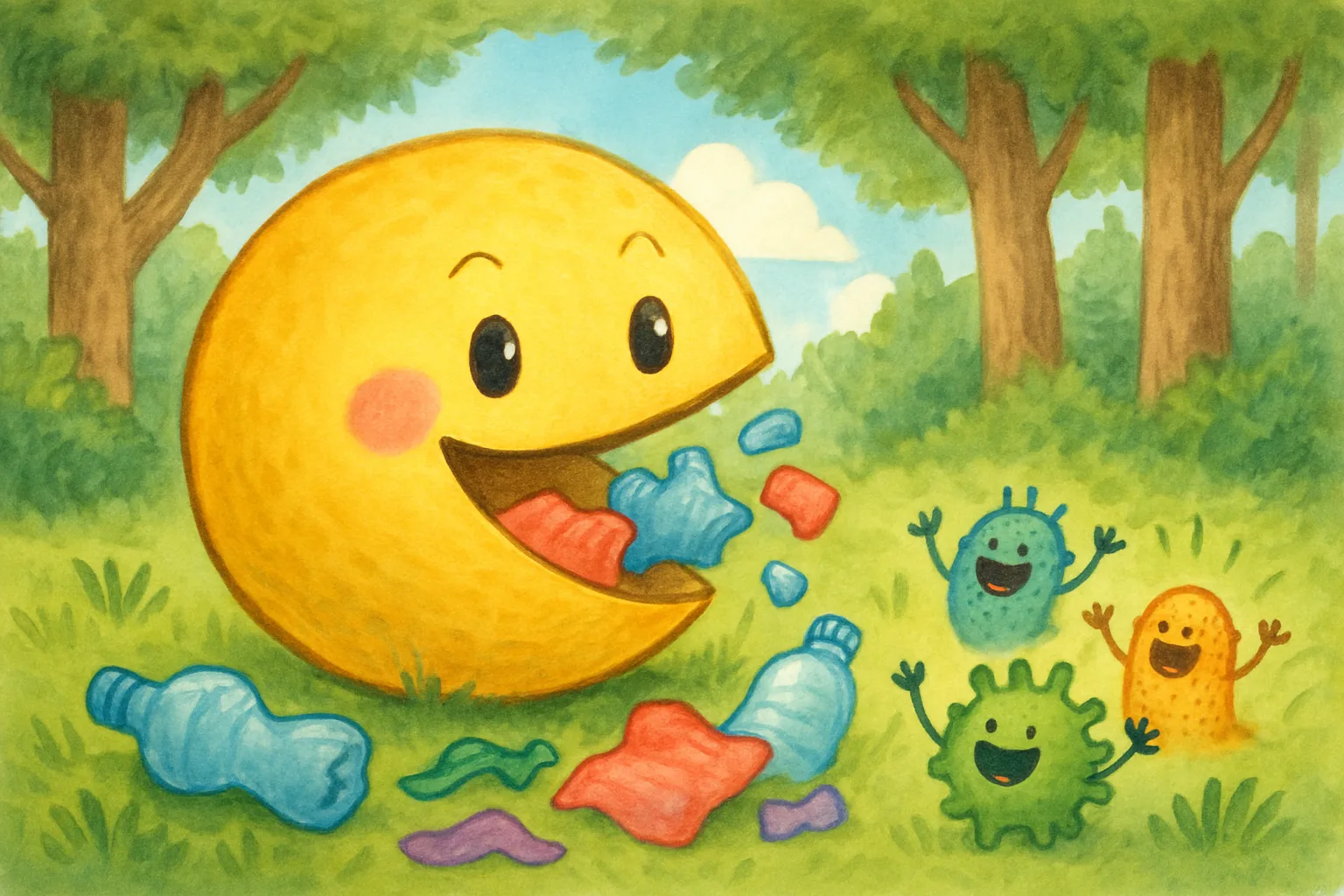 Friendly Pac-Man character eating plastic pieces in a colorful forest scene