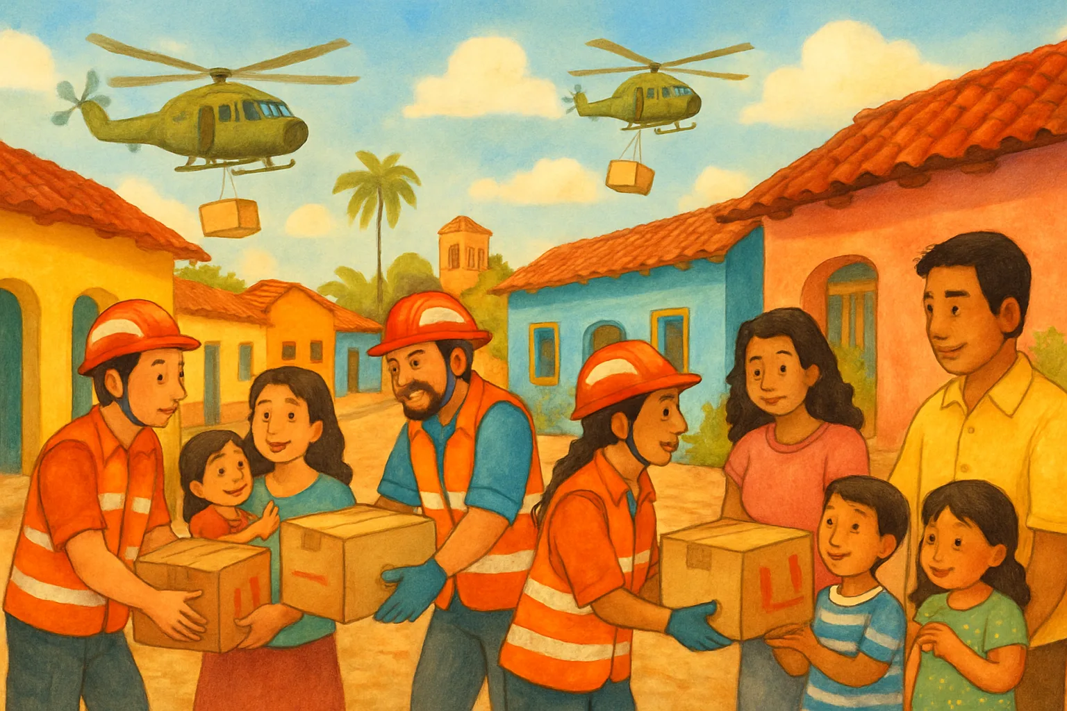 Rescue workers hand food aid boxes to families in Panama after the 2026 earthquake