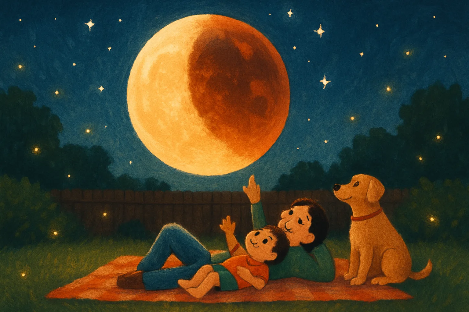 A child and parent watching a large copper-red moon during a partial lunar eclipse from their backyard