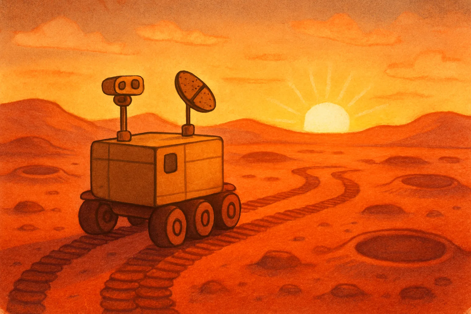 Illustration of NASA's Perseverance rover leaving tracks across the red surface of Mars