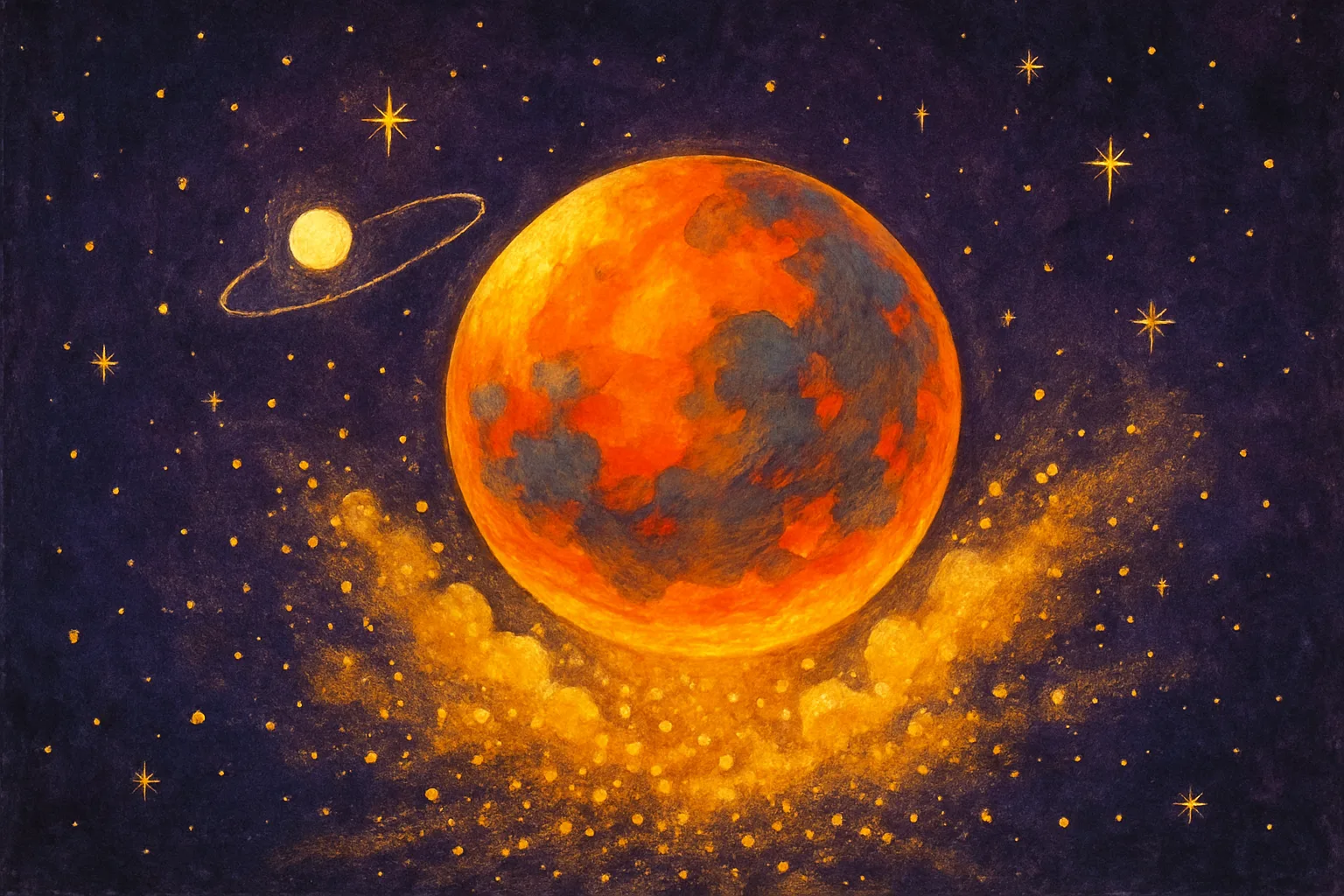 A glowing planet rising from the dust and ashes of a dead star in deep space