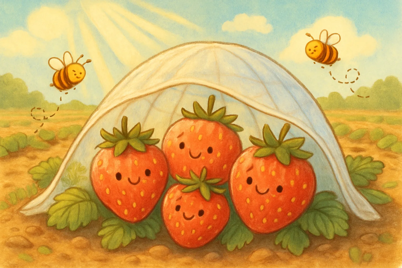 Bright red strawberries growing under a protective fabric cover in a sunny farm field