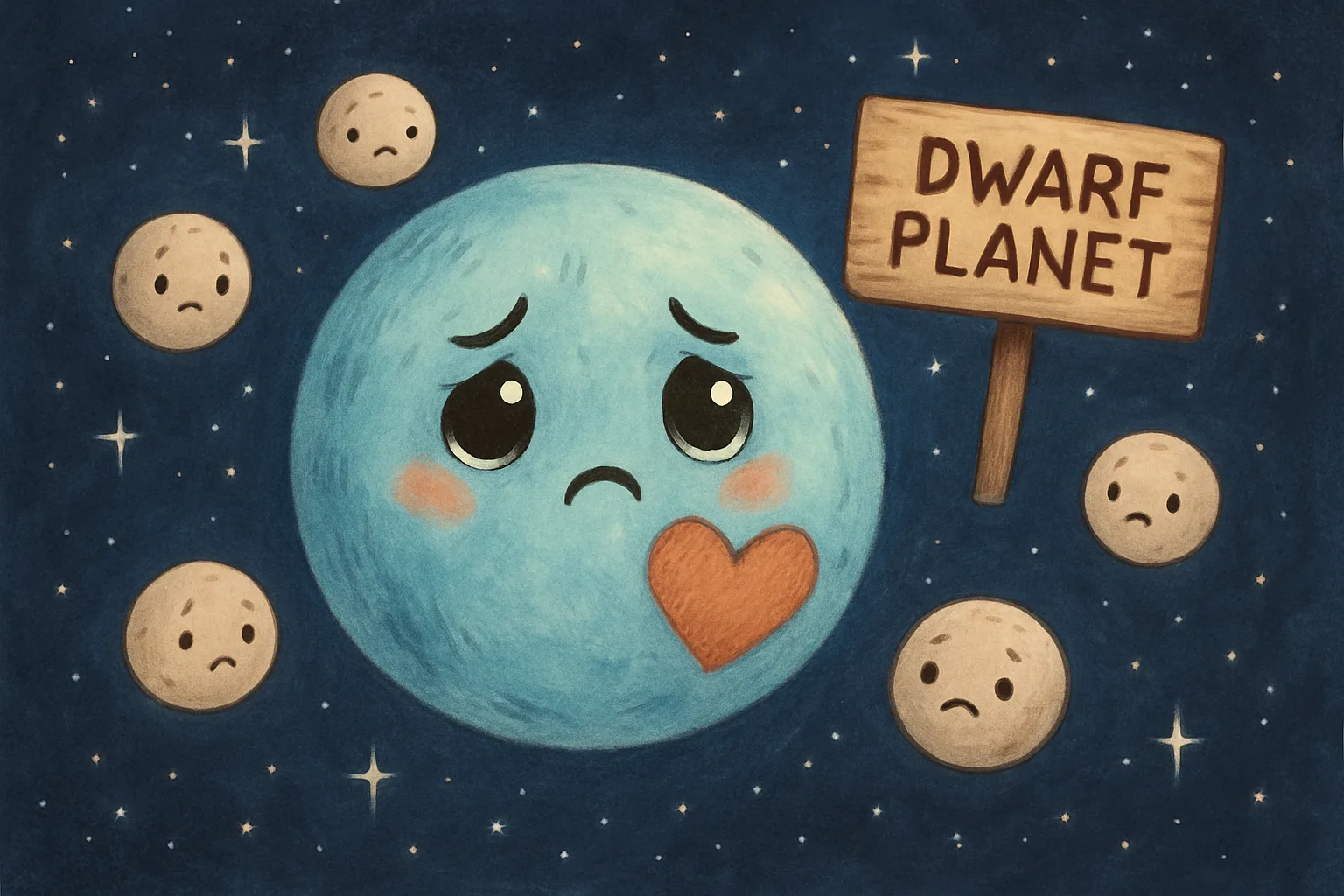 Pluto illustrated as a cute, small icy world with a heart shape on its surface and five tiny moons