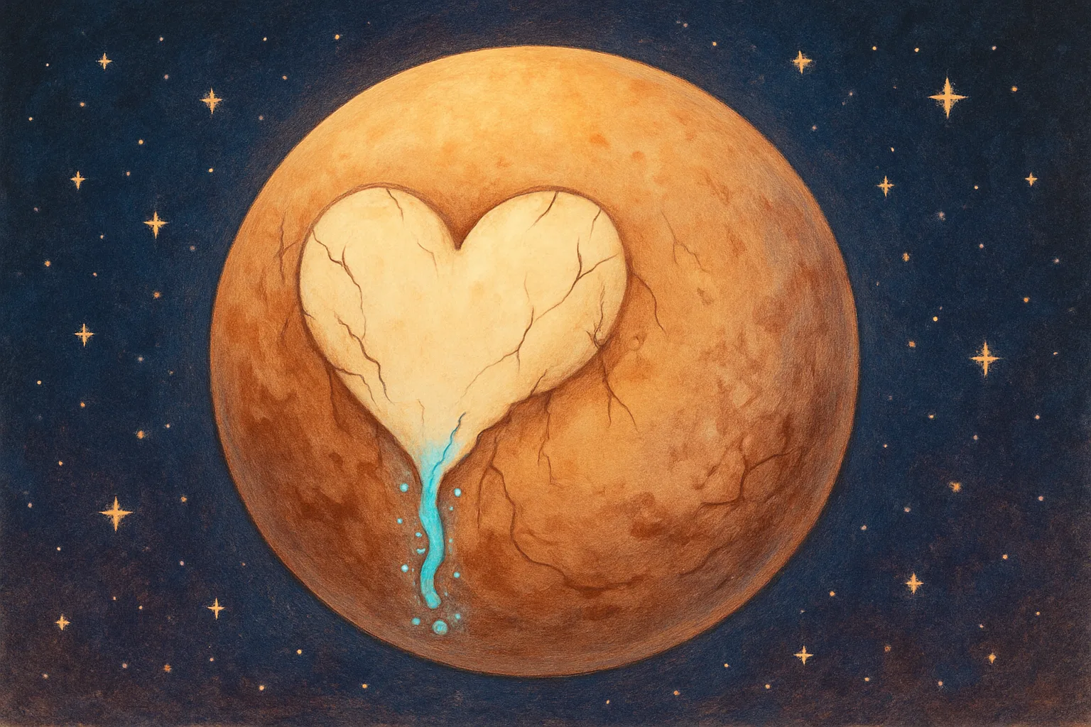 Illustration of Pluto's heart-shaped glacier with liquid nitrogen bubbling up through cracks in the ice