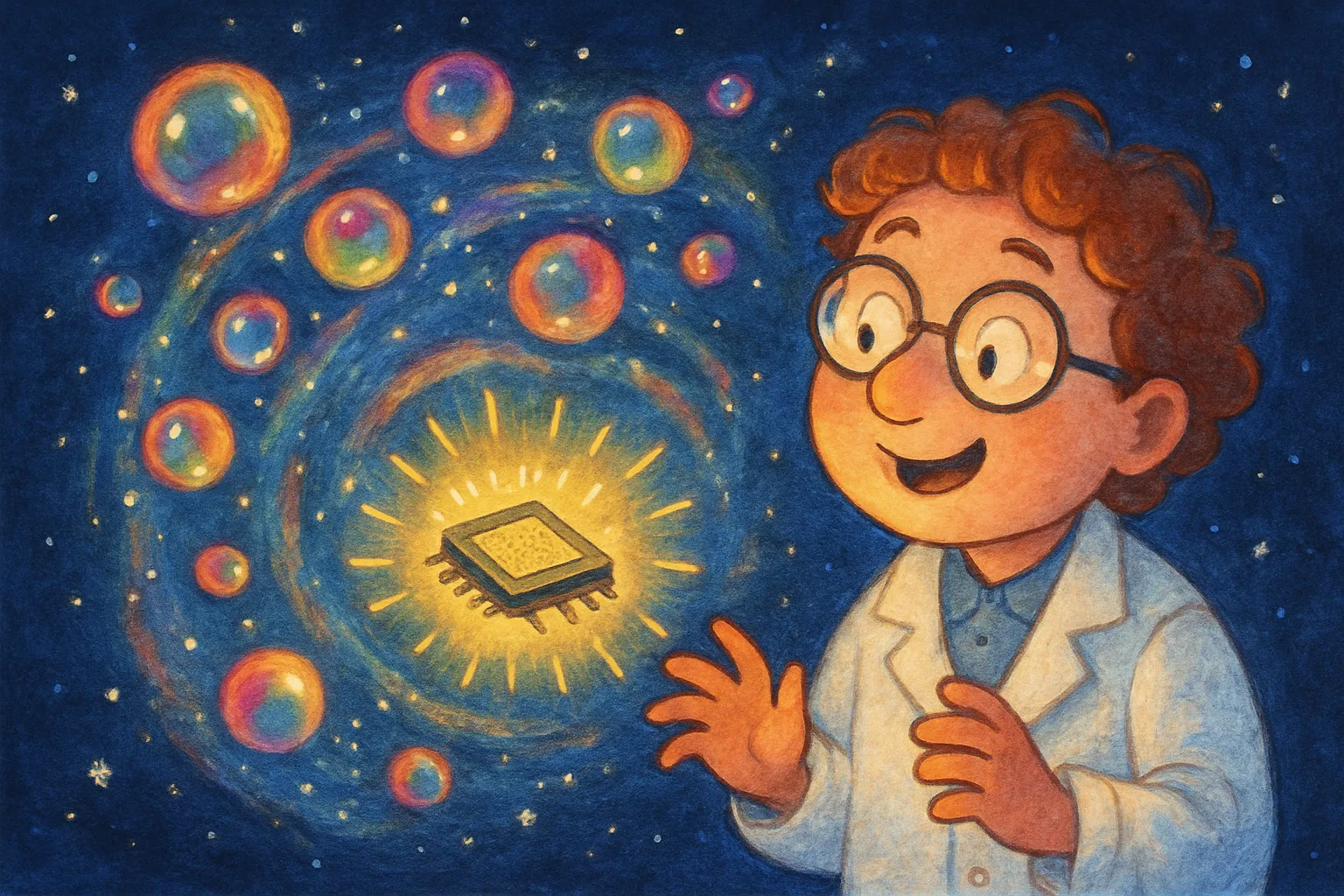 A tiny quantum computer chip with glowing particles appearing around it, simulating the early universe