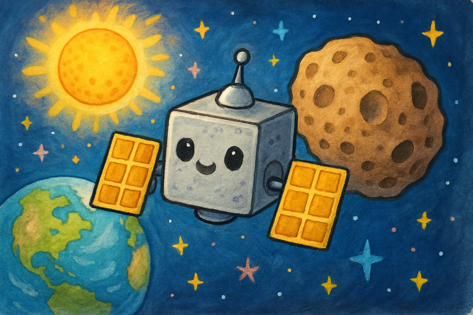 A small silver spacecraft floating near a rocky asteroid with Earth in the distance