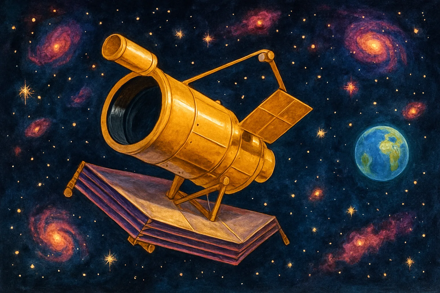A golden space telescope floating in deep space surrounded by distant colorful galaxies and stars