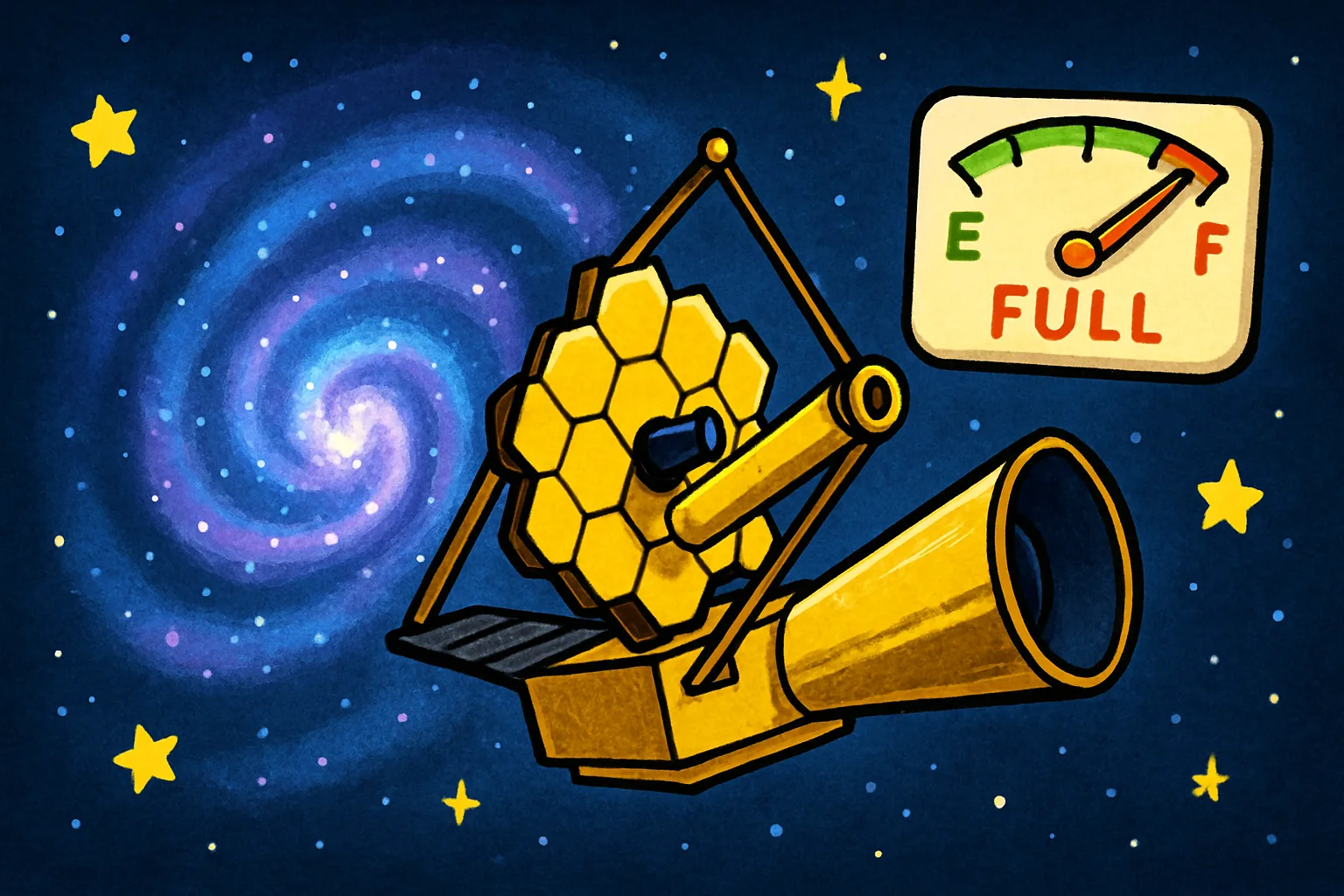 Illustration of the Nancy Grace Roman Space Telescope floating in colorful deep space
