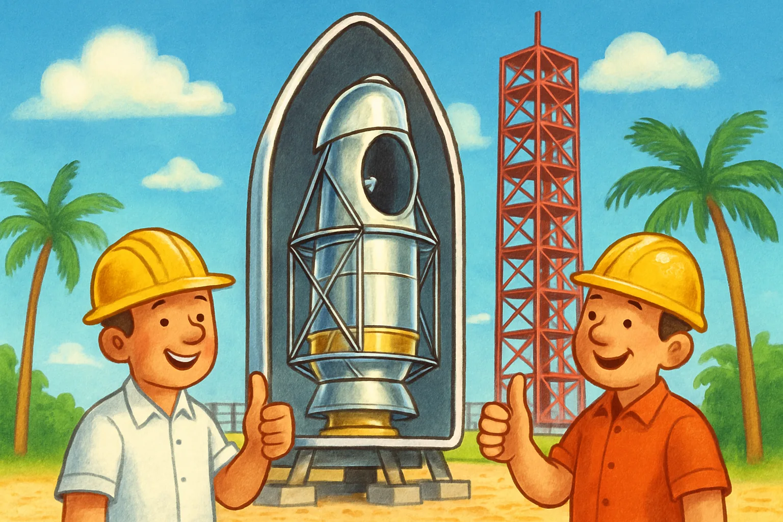 Illustration of the Roman Space Telescope sitting inside its rocket fairing at Kennedy Space Center launch pad, with engineers nearby giving thumbs up