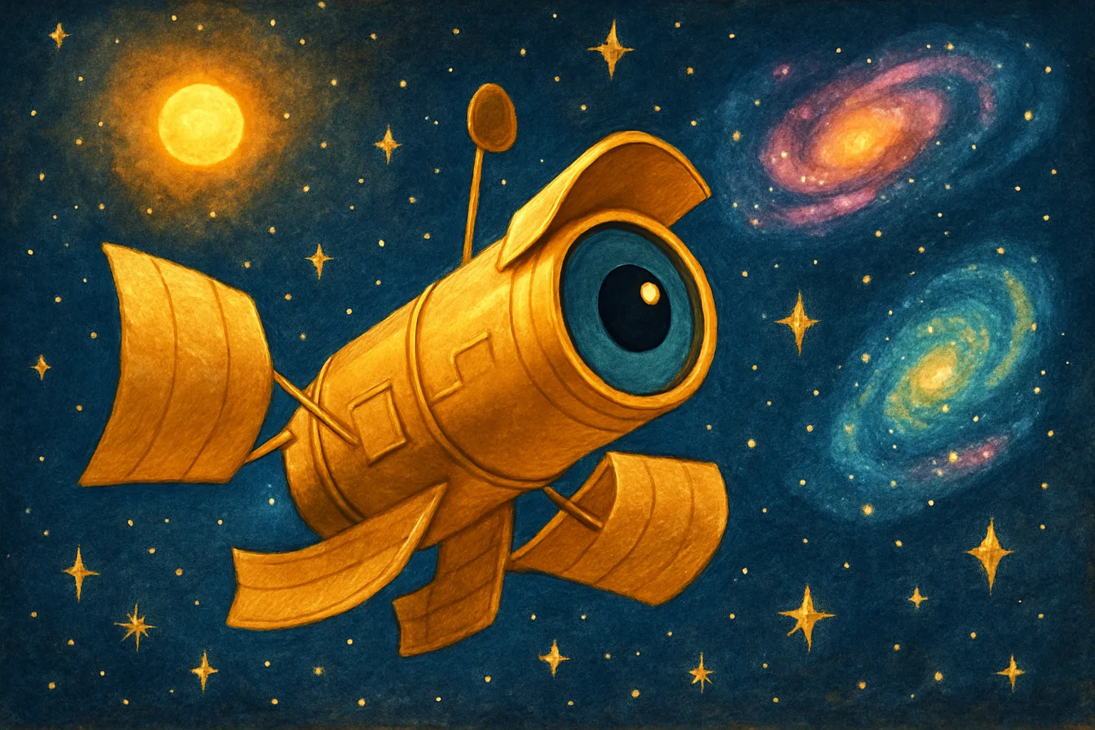 Illustration of the Roman Space Telescope flying through a colorful starfield toward distant galaxies