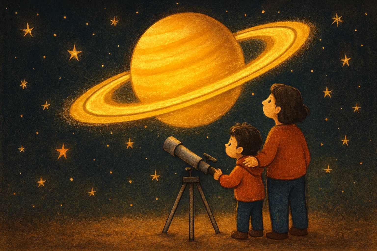 Illustration of Saturn glowing with its rings in the night sky as a child and parent look through a backyard telescope