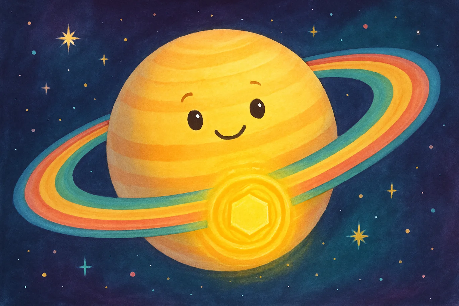 Saturn with a glowing 10-sided geometric pattern at its south pole, surrounded by its famous rings