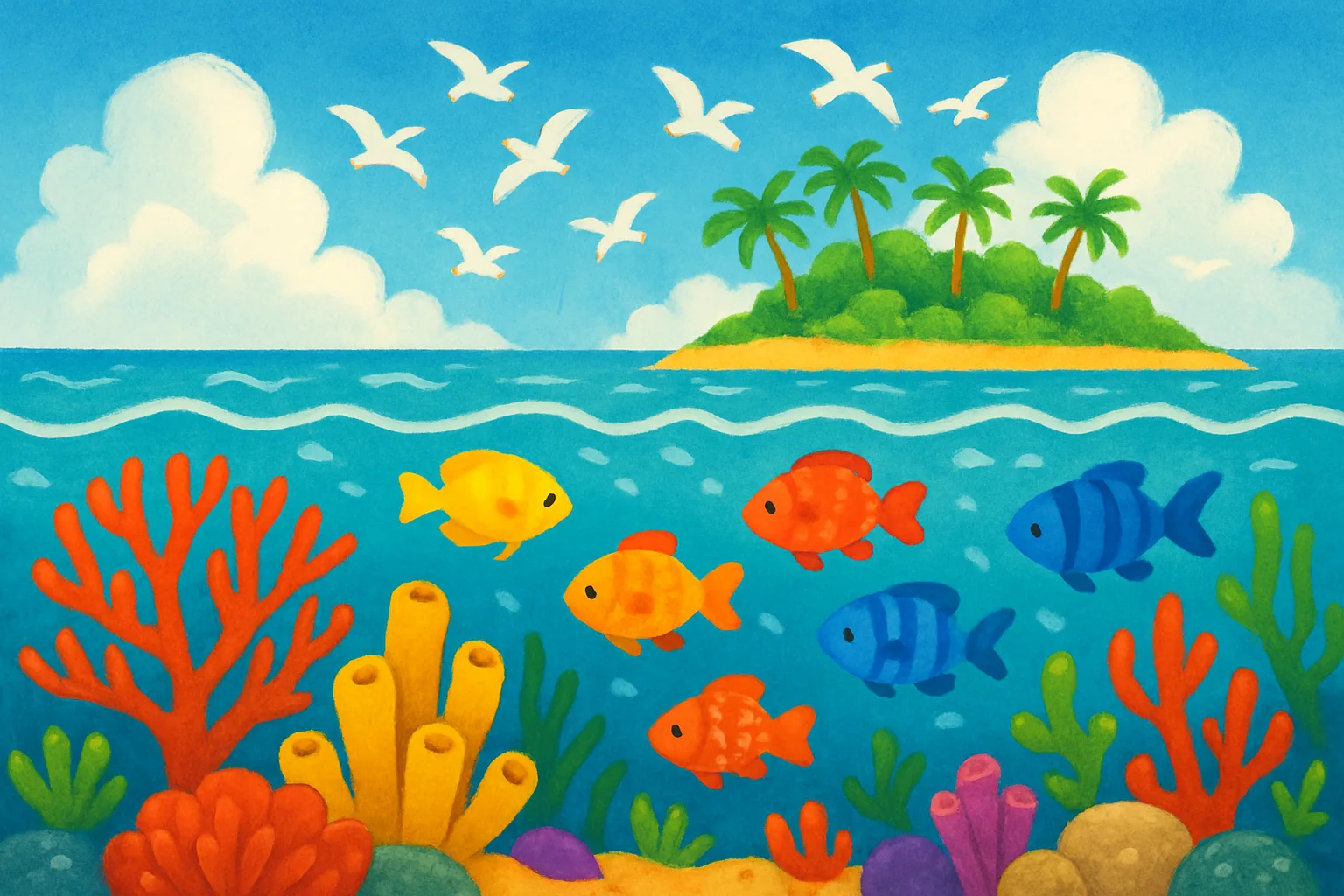 Illustration of vibrant coral reef underwater with fish and a tropical island above with seabirds flying