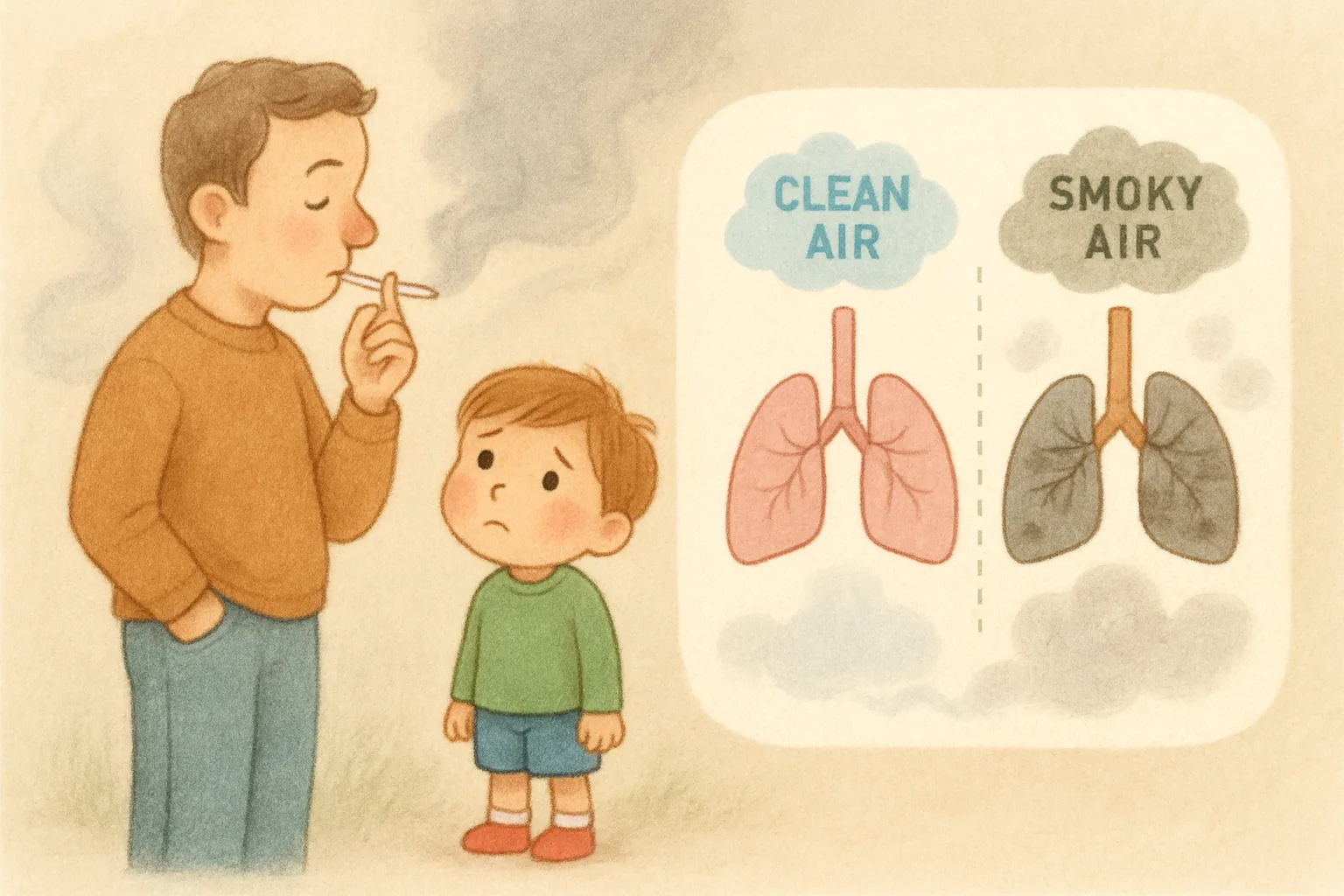 An educational illustration showing a child surrounded by smoky air next to a diagram of healthy lungs versus lungs affected by smoke