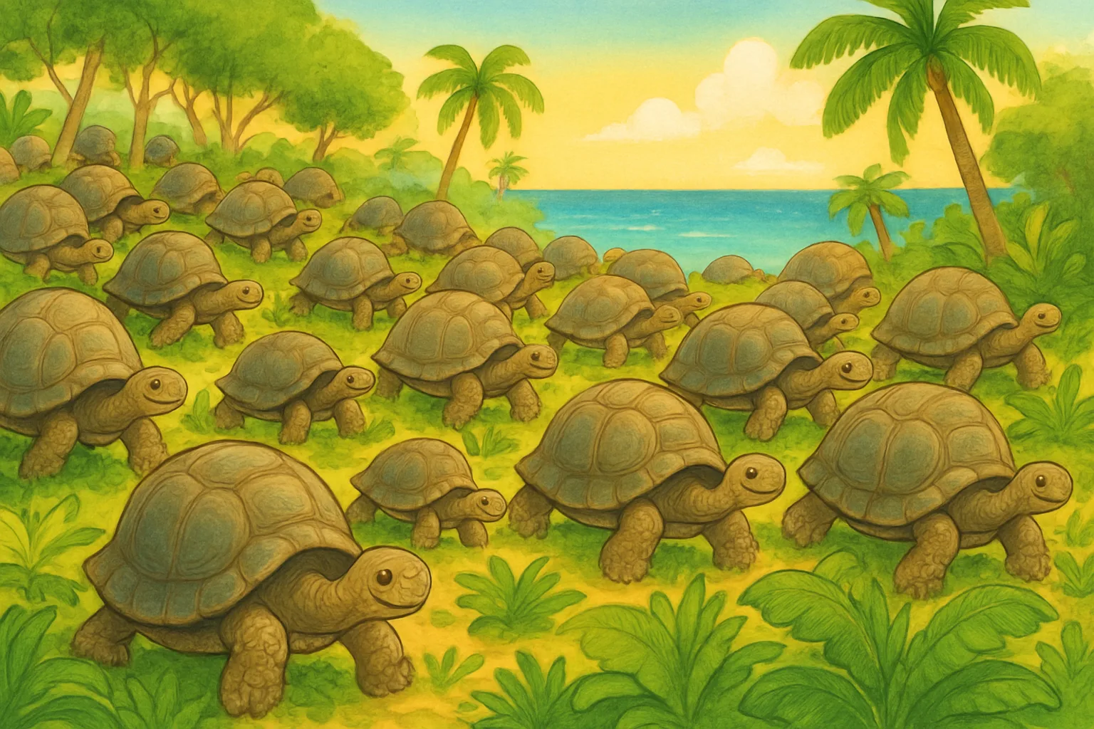 Illustrated giant Aldabra tortoises walking on a sunny tropical island with blue ocean in the background