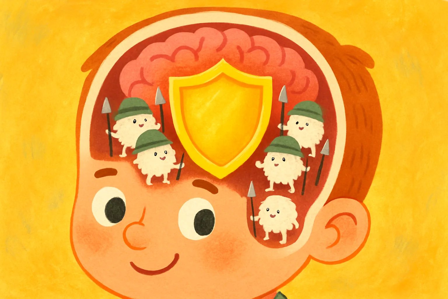 Friendly illustration of a skull cross-section showing a glowing immune organ inside the bone, acting as a shield for the brain