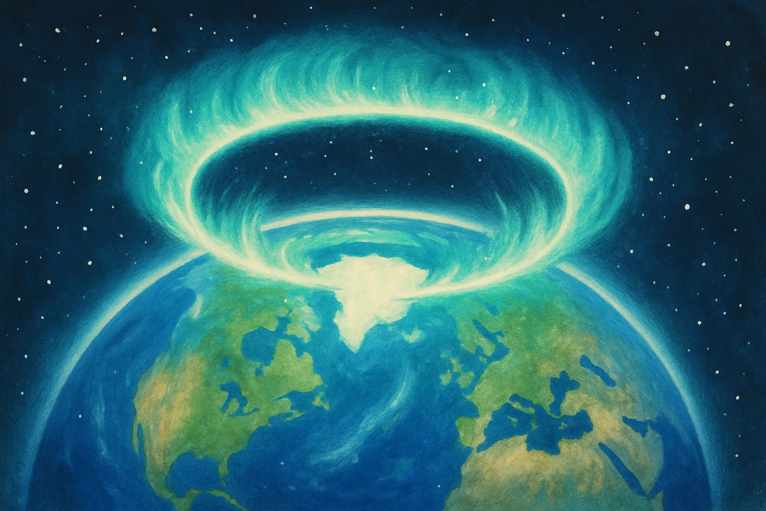 A complete glowing ring of northern lights surrounding Earth's North Pole seen from space, in shimmering white and teal