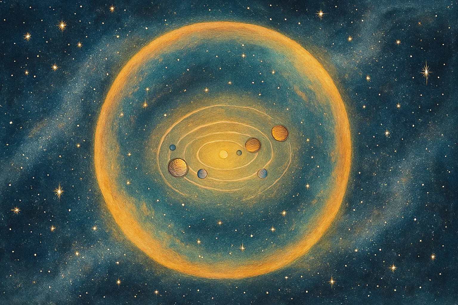 A children's book-style illustration showing the solar system at the center of an enormous glowing gravitational bubble stretching toward distant stars