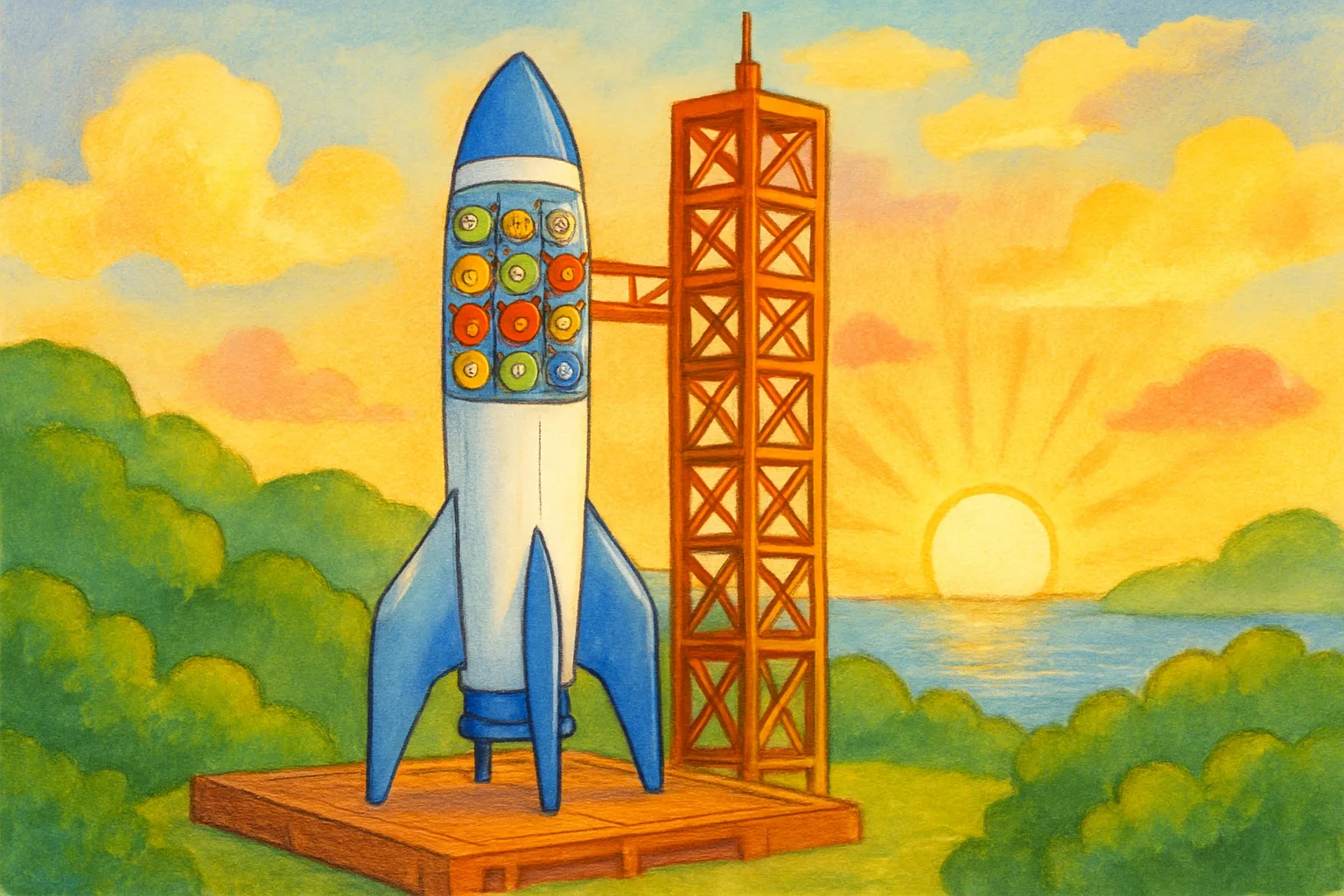 A white and blue rocket on a seaside launch pad surrounded by green hills, with small satellites visible inside, ready for launch