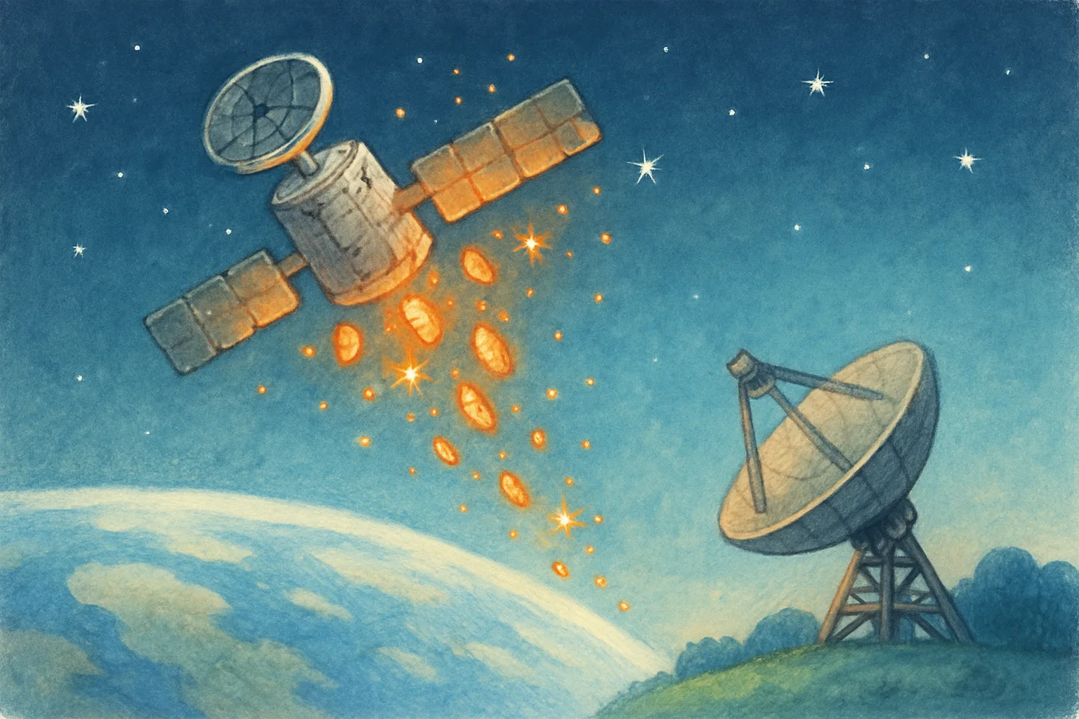 An old satellite breaking apart into many small glowing fragments in low Earth orbit, with the blue Earth visible below