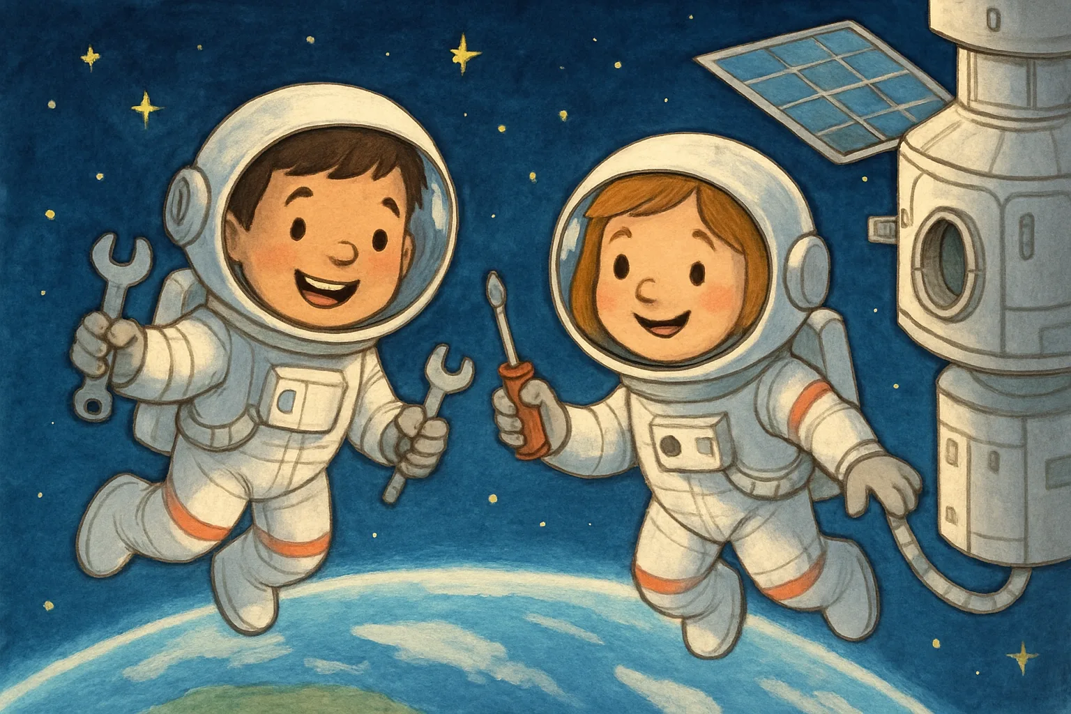 Two astronauts in spacesuits doing repair work outside the International Space Station with Earth visible below