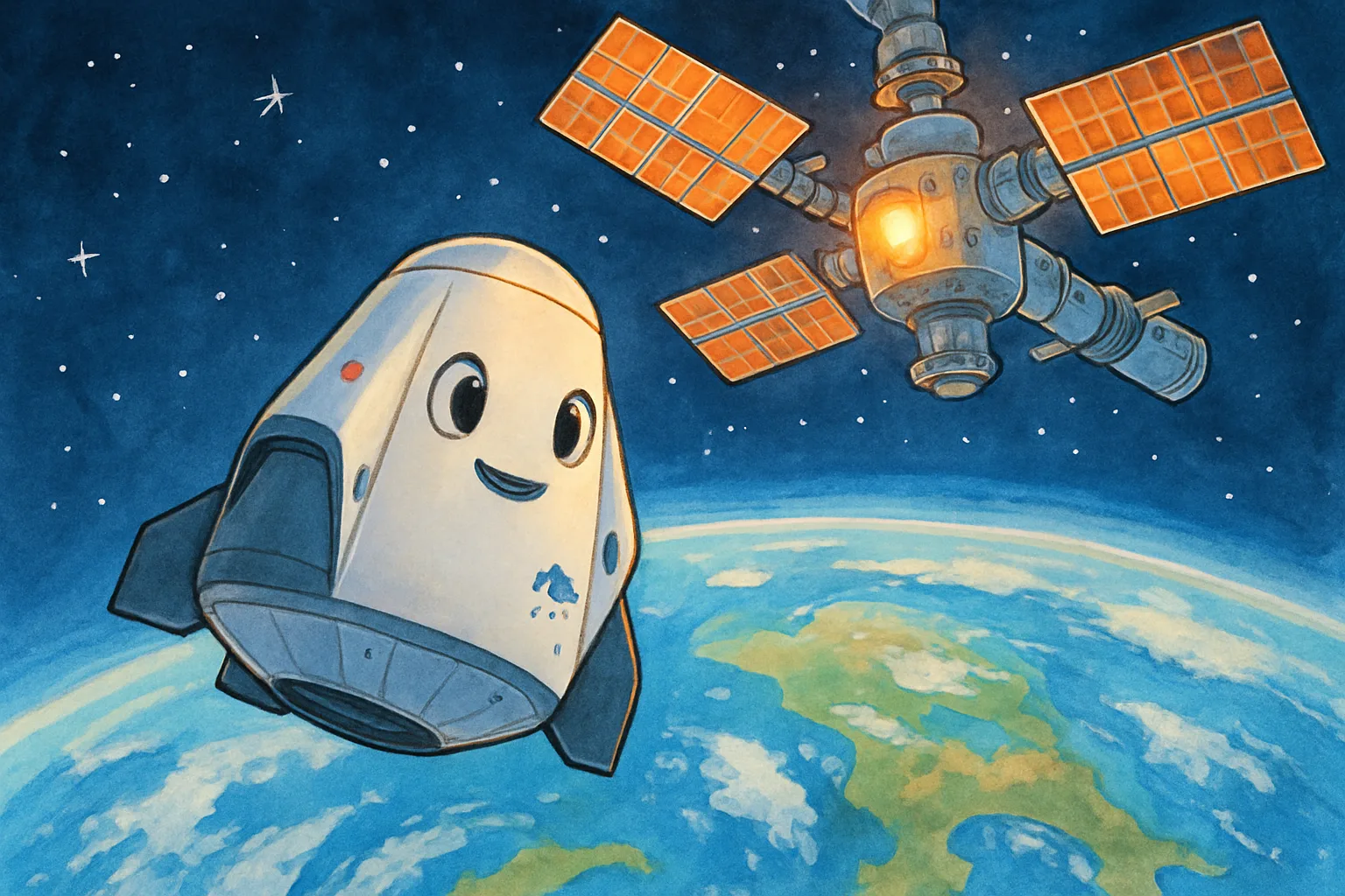 An illustrated SpaceX Dragon cargo capsule approaching the International Space Station with Earth in the background