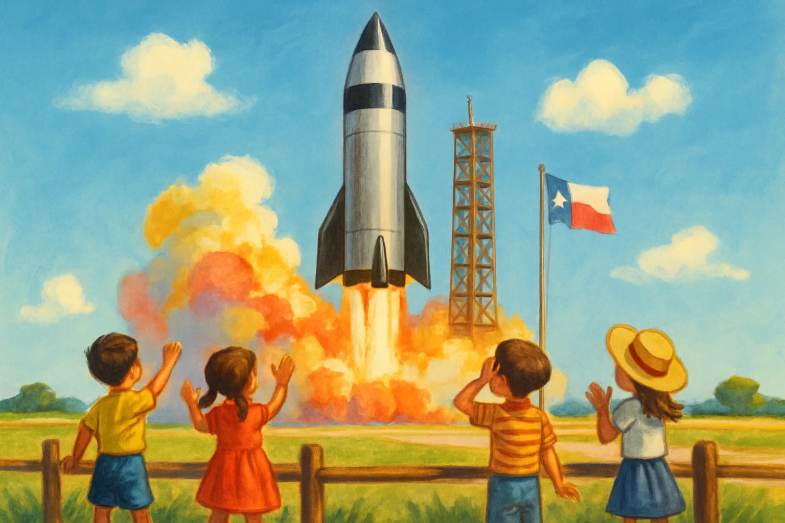 SpaceX's giant Starship rocket launching from Starbase, Texas toward orbit