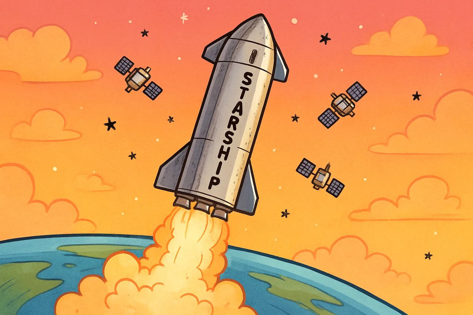 Illustration of the SpaceX Starship rocket launching toward Earth orbit with satellites deploying