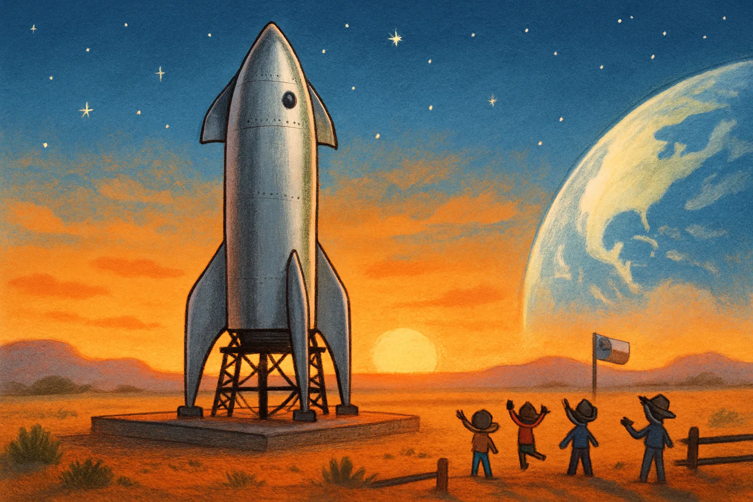 A tall silver rocket on a launch pad with the Earth curving in the background at sunset