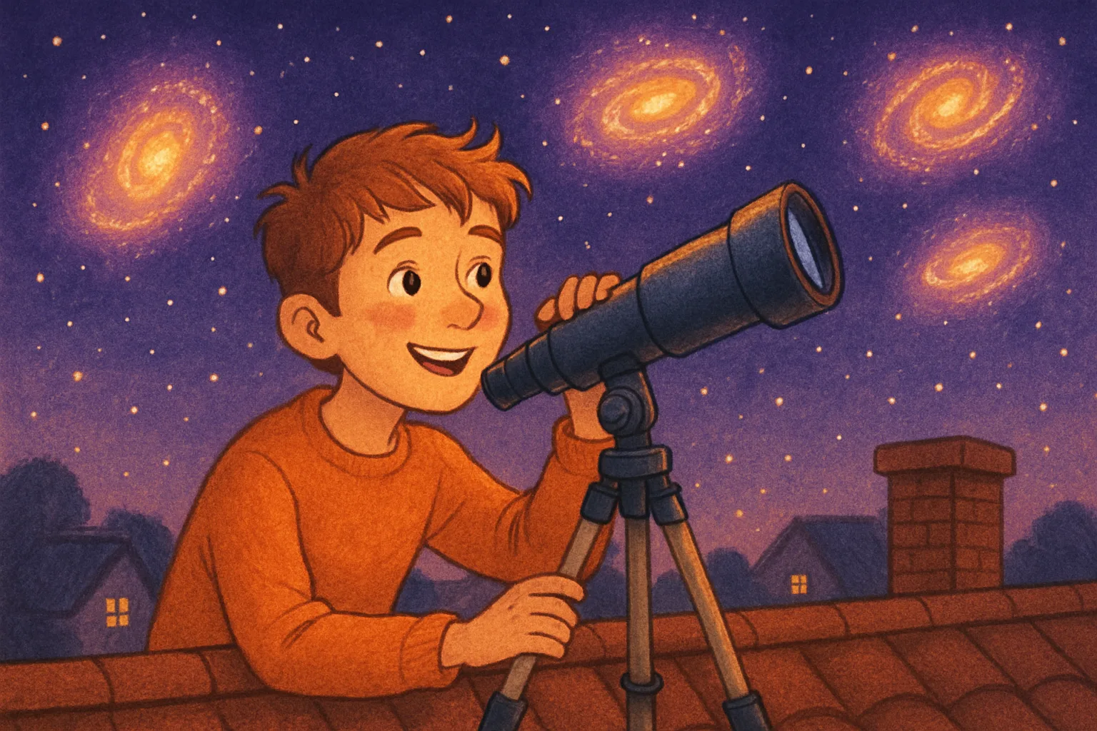 A teenage astronomer looking through a telescope on a rooftop, with three small glowing galaxies circled in the night sky above