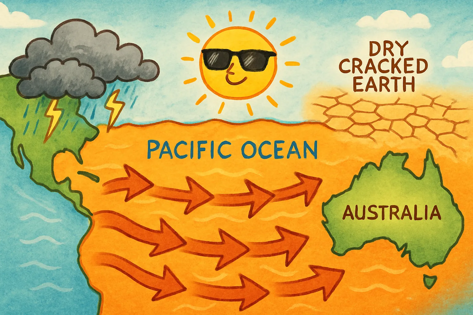 Illustrated map showing warm Pacific Ocean currents, storm clouds near California, and sunny dry areas in a children's book style