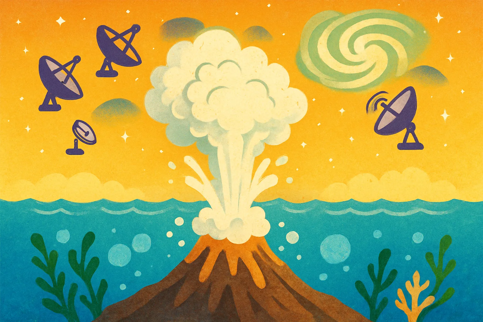 A cartoon underwater volcano erupting with a huge white cloud and satellites in space above detecting glowing chemical signals