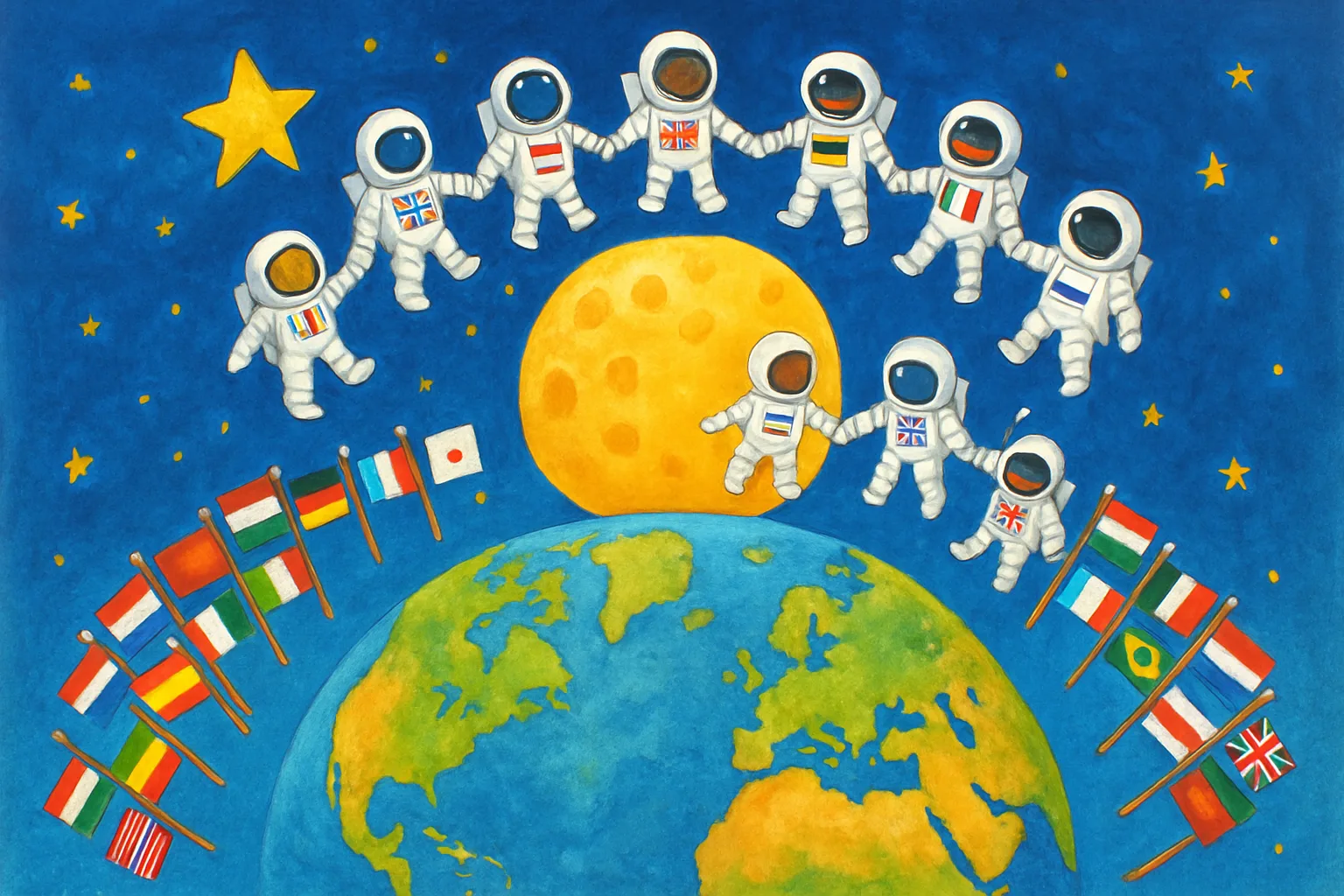 Illustration of diverse astronauts from many countries joining hands around the Moon, representing international space cooperation