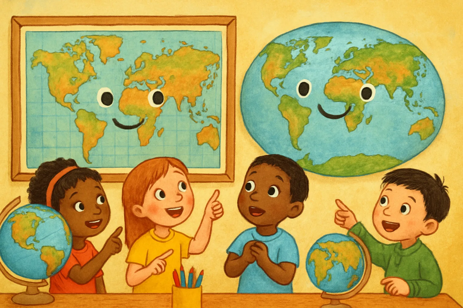 Two world maps side by side on a classroom wall, with children pointing at the differences in how continents are sized