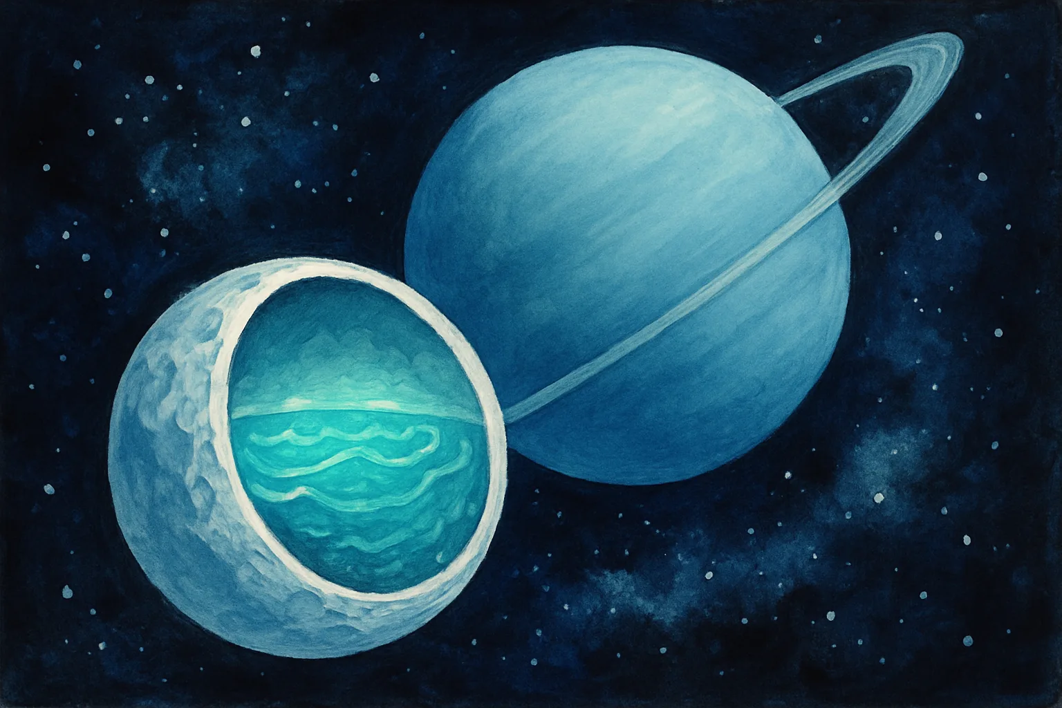 An icy moon orbits Uranus in deep space, with a glowing hidden ocean visible in a cutaway beneath its frozen surface