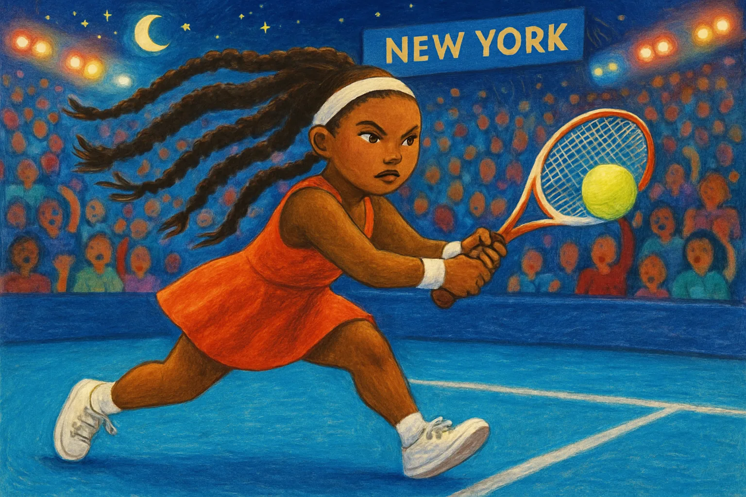 A tennis player in action on Arthur Ashe Stadium's blue hard court during the US Open, with a sold-out crowd cheering