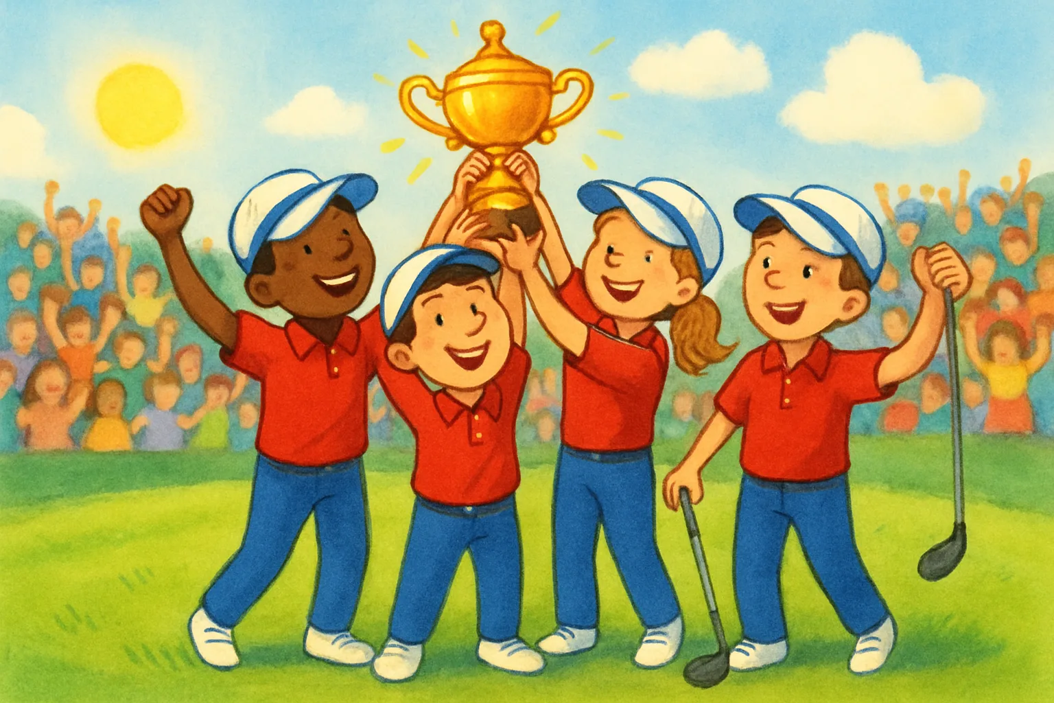 Team USA golfers celebrating with the Presidents Cup trophy at Medinah Country Club