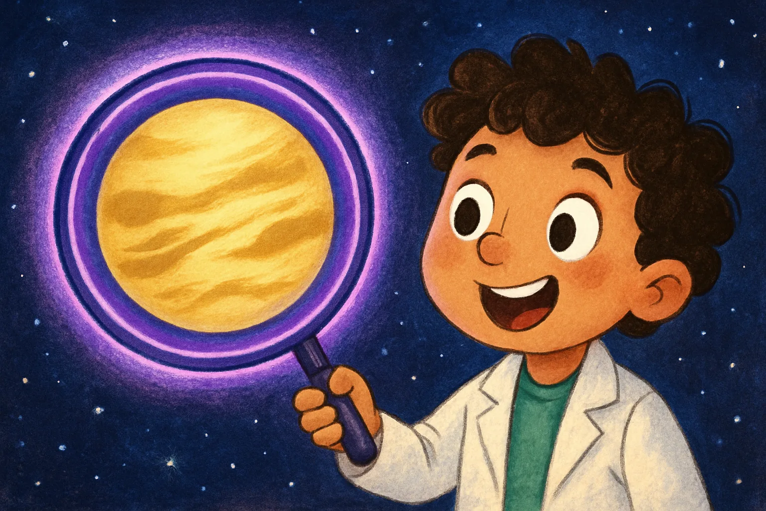 Illustrated planet Venus with swirling dark UV cloud patterns seen through a child scientist's magnifying lens