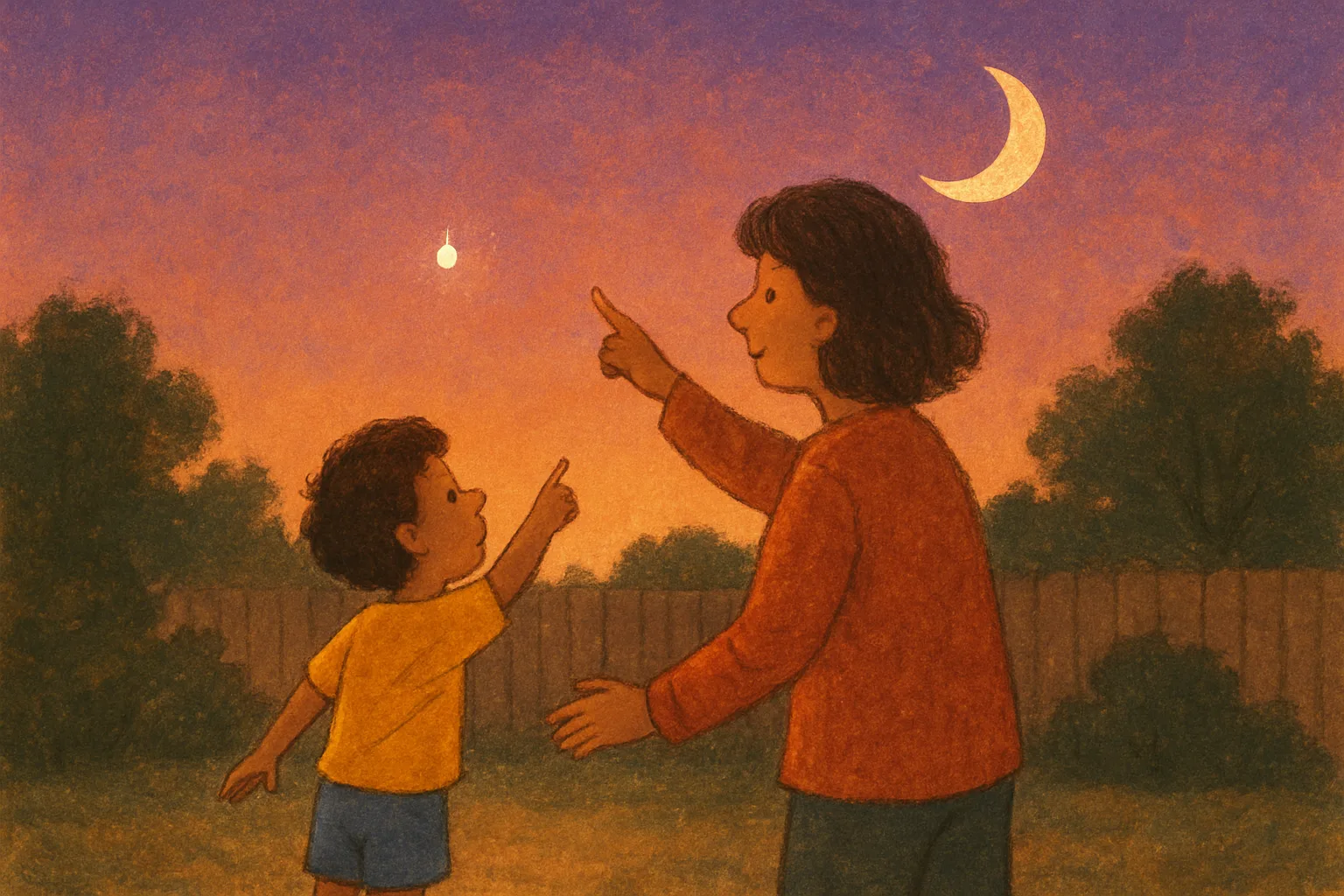 A child and parent pointing at a brilliantly bright Venus glowing in the evening sky at dusk