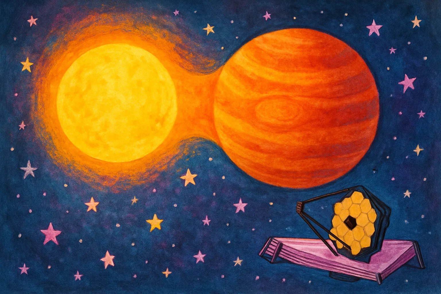 An illustrated giant planet with a lopsided puffy atmosphere orbiting close to a bright star