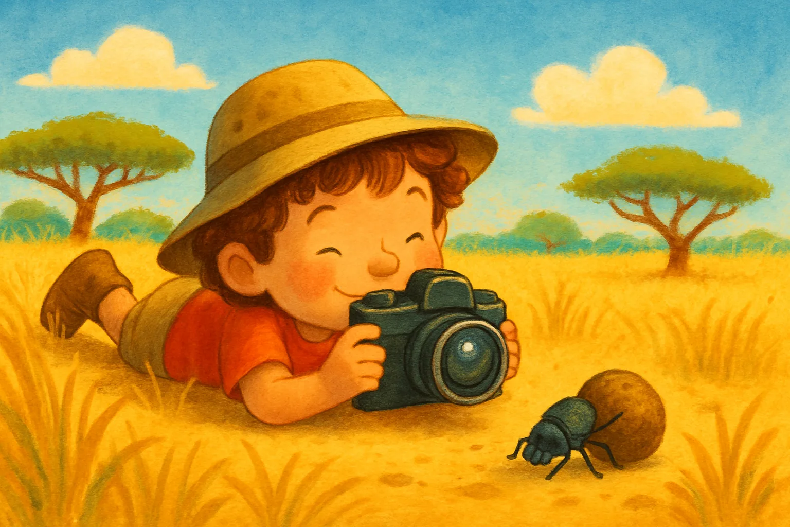Illustrated young wildlife photographer lying on the ground photographing a dung beetle in an African savanna