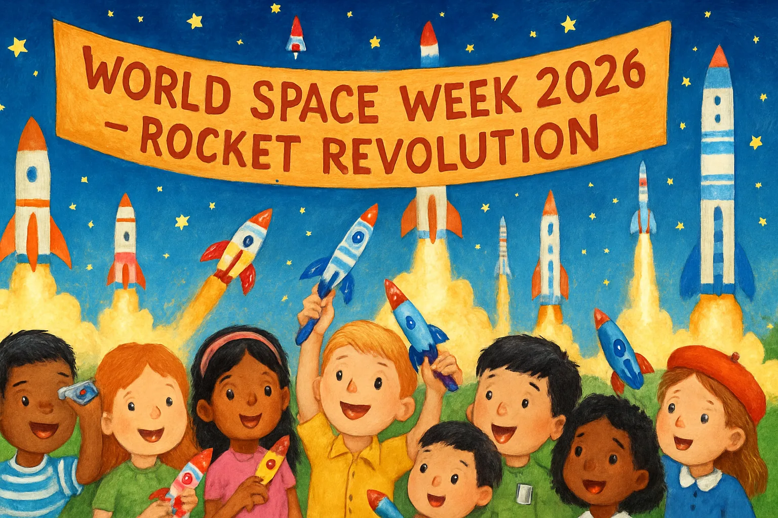 Children from around the world celebrating World Space Week with rockets and telescopes under a starry sky