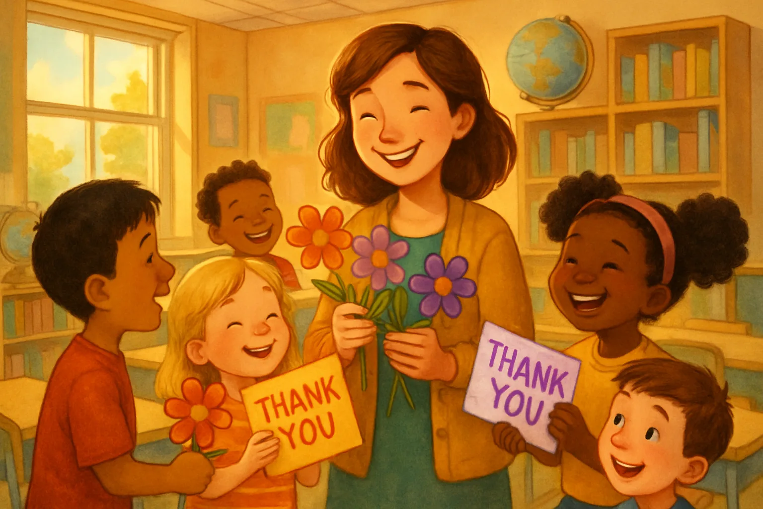 Happy students giving flowers and cards to a smiling teacher in a bright classroom