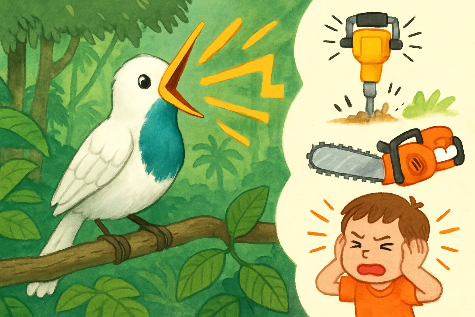 A white bare-throated bellbird on a jungle branch with its beak wide open, cartoon sound waves blasting outward, with a child and a jackhammer shown for comparison