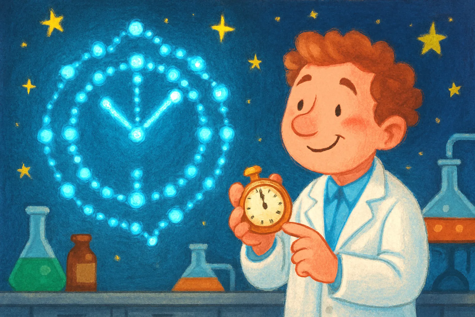 A glowing futuristic atomic clock made of tiny atoms in a science lab